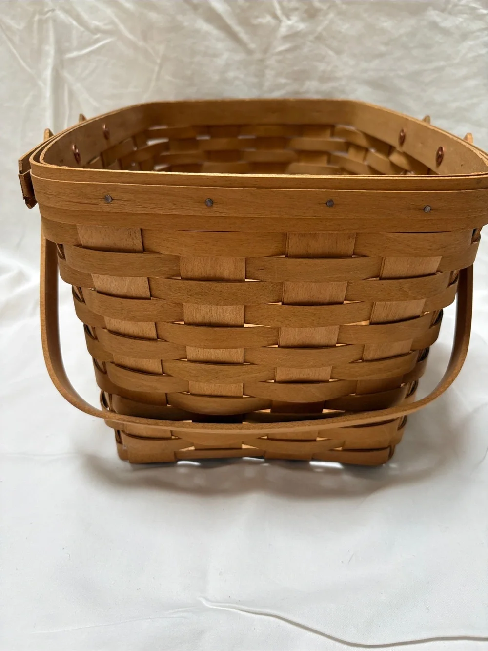 Longaberger wood market basket with hinged handles and plastic inserts
